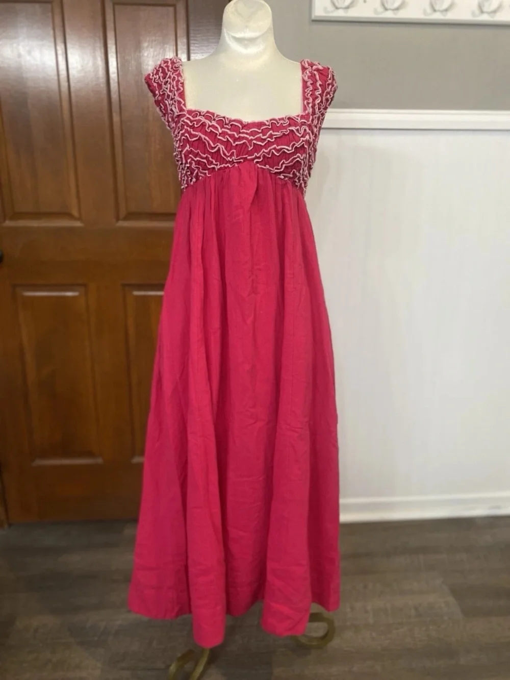 Free people dolly maxi dress hot pink Ruffle accents XS Womens